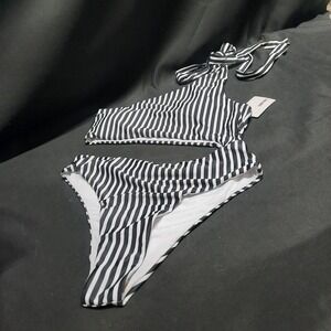 NWT Vimpunec Black White Stripe attached hip, 1 shoulder swimsuit Lg